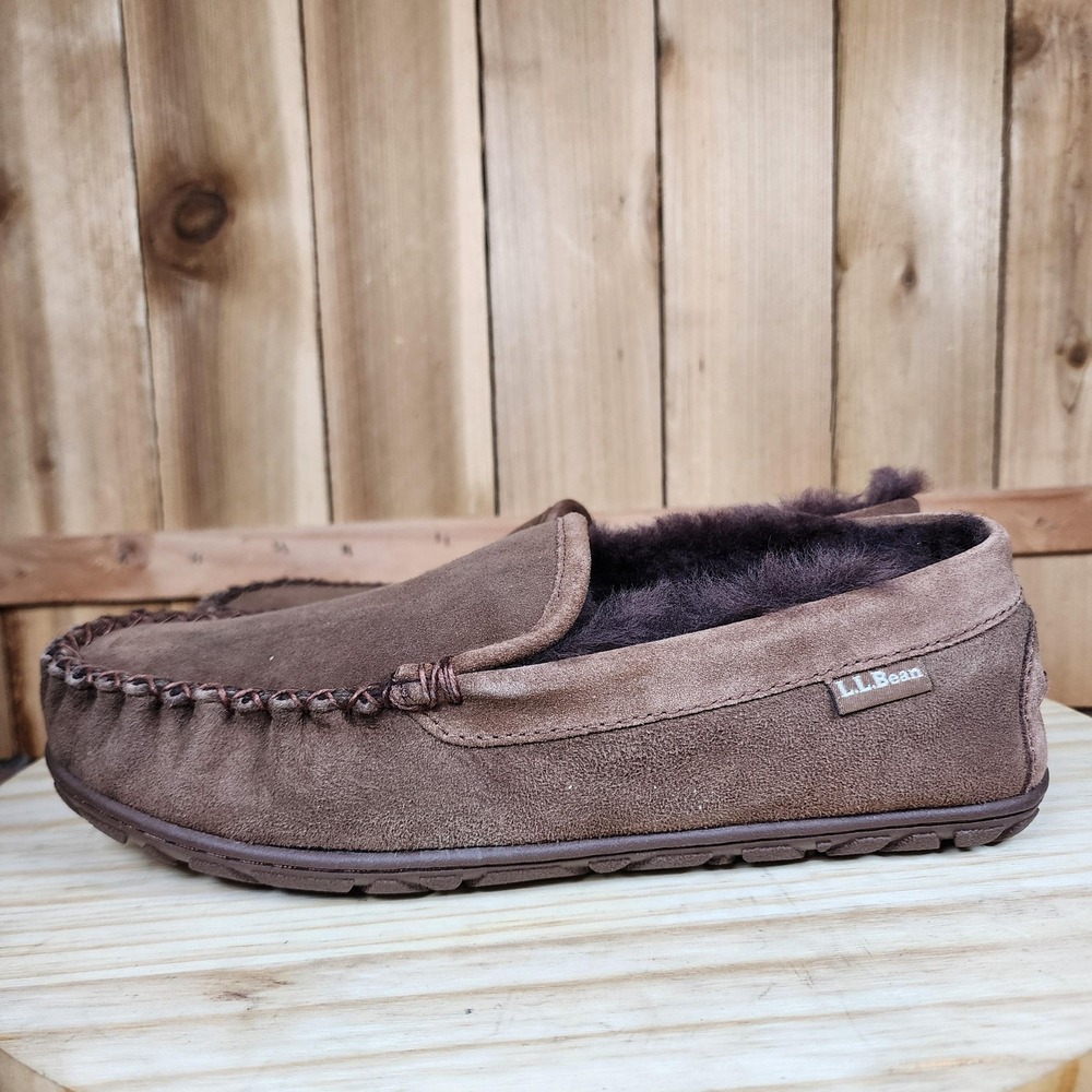 LL Bean Wicked Good Slippers Mens 7 Brown Suede Shearling Moccasin‎ Venetian